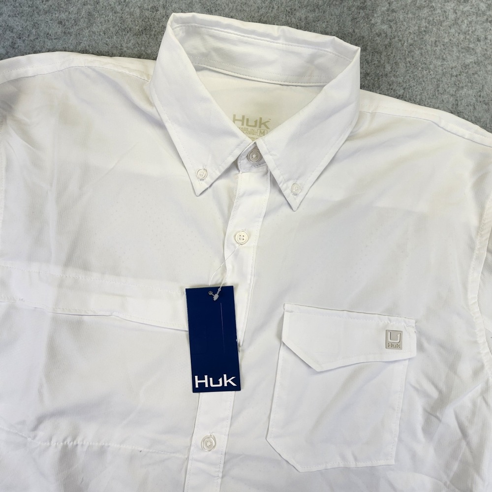 NEW HUK Mens Medium Tide Point Long Sleeve Button Down Shirt White